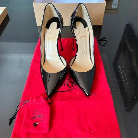 💯 Authentic CHRISTIAN LOUBOUTIN Iriza Patent Open-Side Red Sole Pump Black - Picture 5 of 10